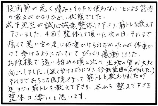 股関節の痛み／体重かけて歩けるようになった／筋トレの指導